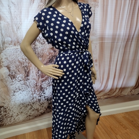 Grecerelle Women's Large Navy & White Polka Dot Surplice Long Flowing Maxi Dress - Picture 3 of 15